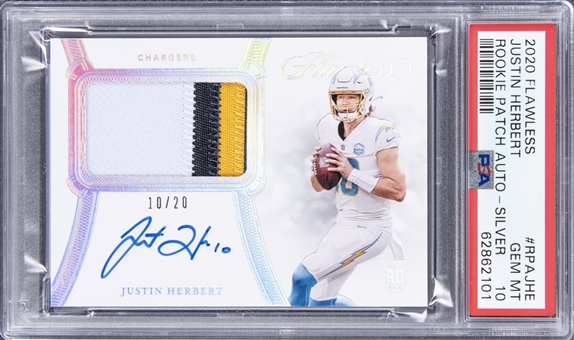 2020 Panini Flawless Rookie Patch Autographs Silver #RPAJHE Justin Herbert Signed Patch Rookie Card (#10/20) - PSA GEM MT 10 - Justin Herberts Jersey Number!